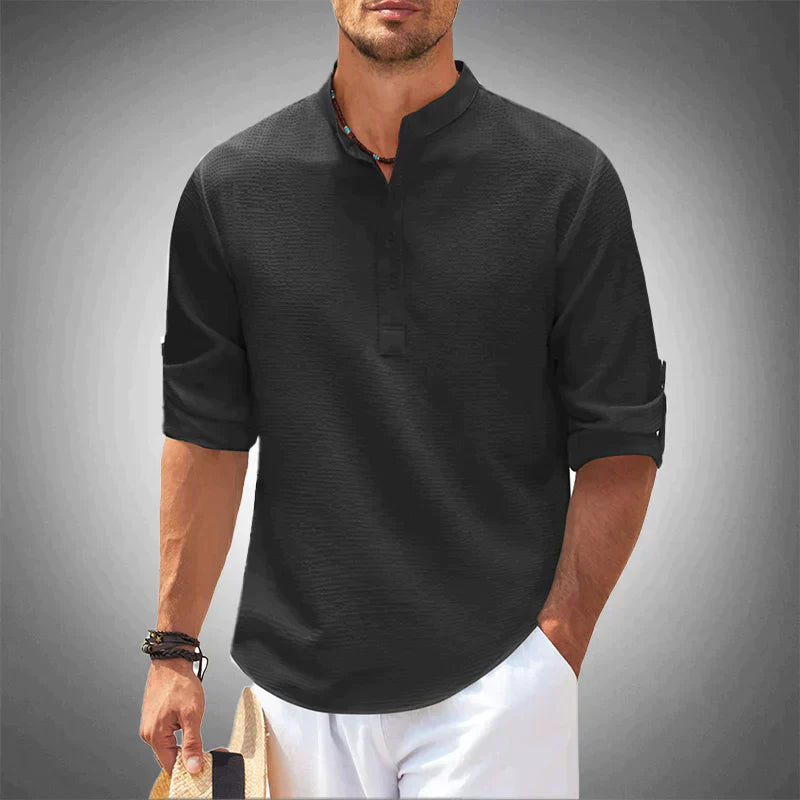 Chemise homme col tunisien | Manches trois quarts, patte boutonnée | Coupe moderne respirante, style décontracté chic