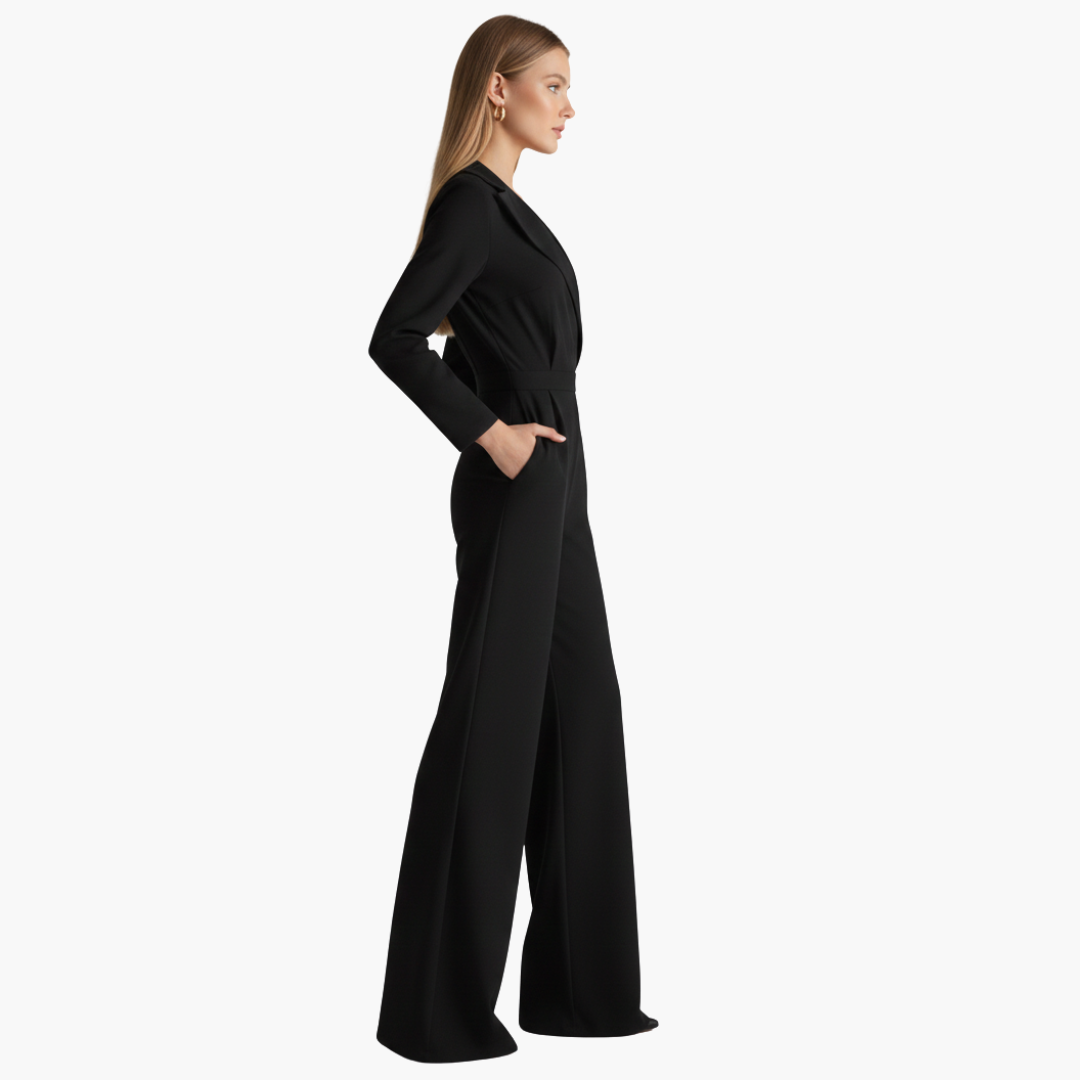 Women's long-sleeve jumpsuit with collar and wide legs