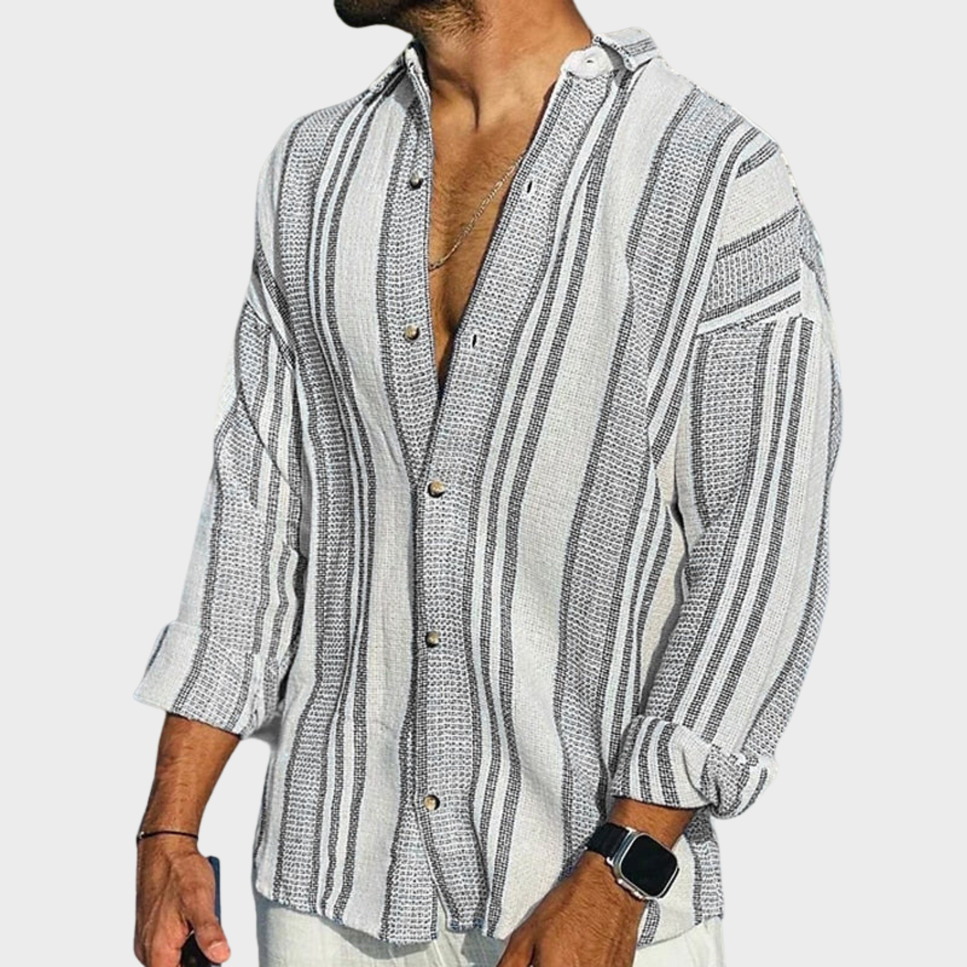 Chemise homme manches longues | Col classique, style estival rayé | Coupe fluide, boutonnage discret, tailles S à 2XL