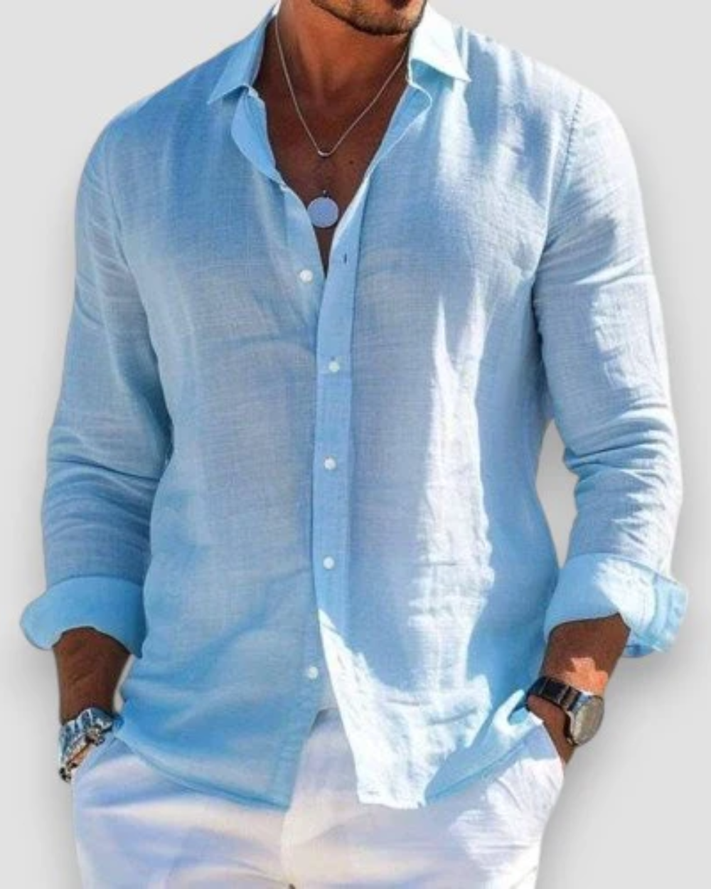 Chemise homme manches longues | Col classique, coupe ajustée | Manches retroussables, boutonnage intégral, coloris unis