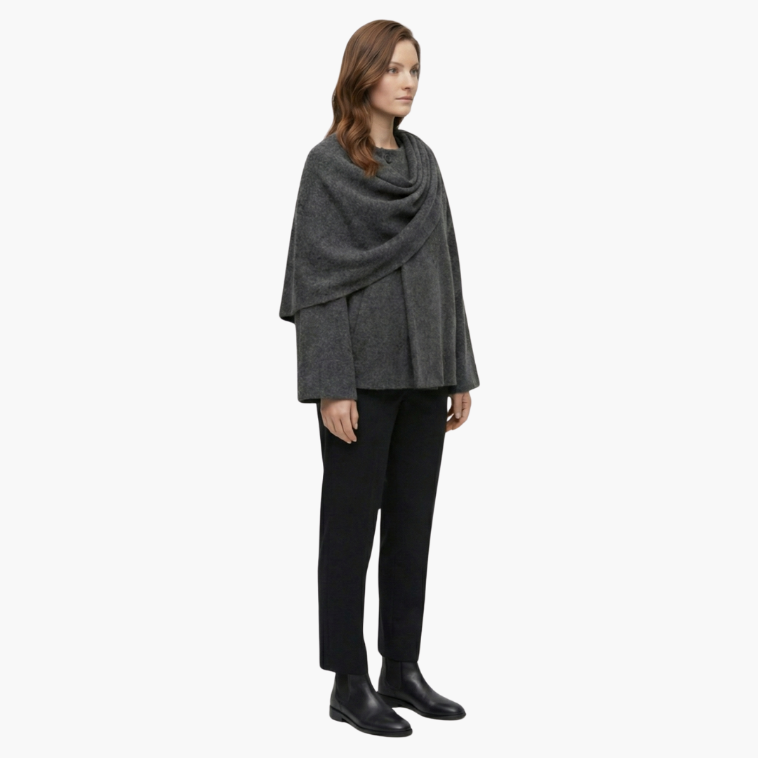 Manteau cape donna elegante con silhouette fluida e collo sciarpa