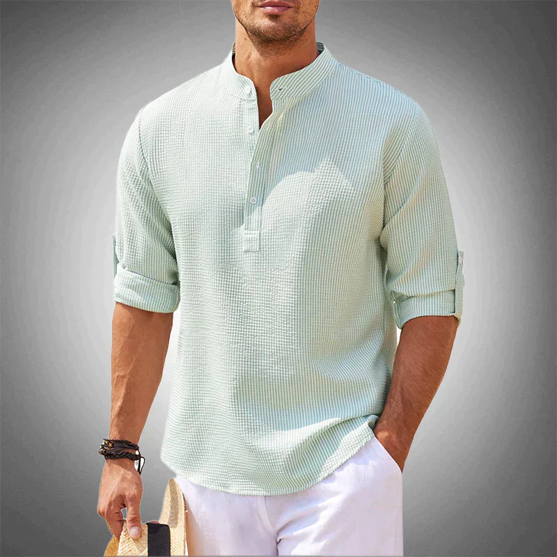 Chemise homme col tunisien | Manches trois quarts, patte boutonnée | Coupe moderne respirante, style décontracté chic