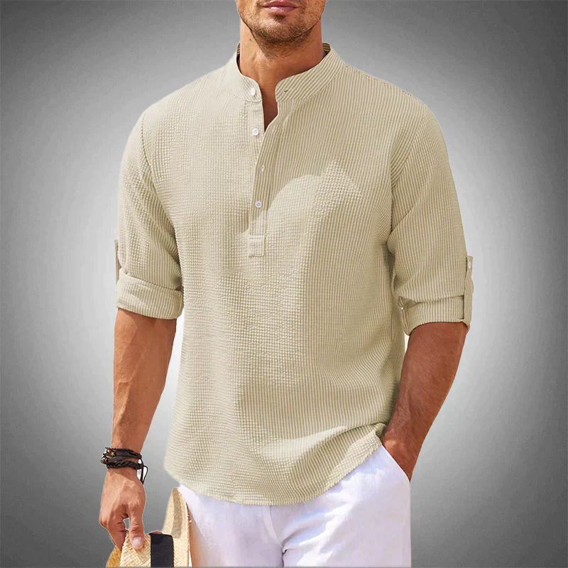 Chemise homme col tunisien | Manches trois quarts, patte boutonnée | Coupe moderne respirante, style décontracté chic