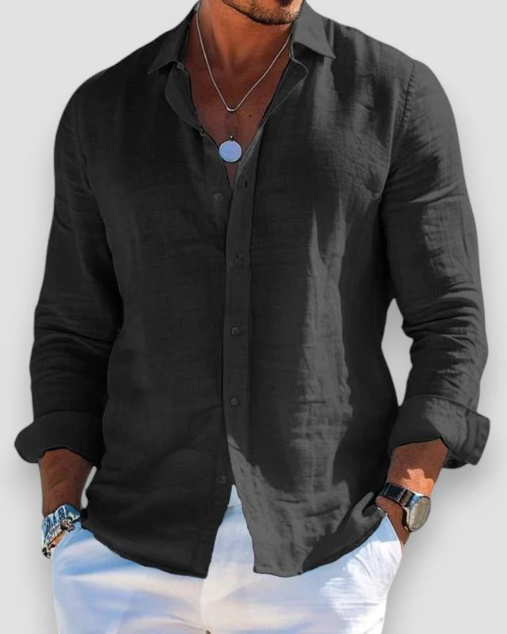 Chemise homme manches longues | Col classique, coupe ajustée | Manches retroussables, boutonnage intégral, coloris unis