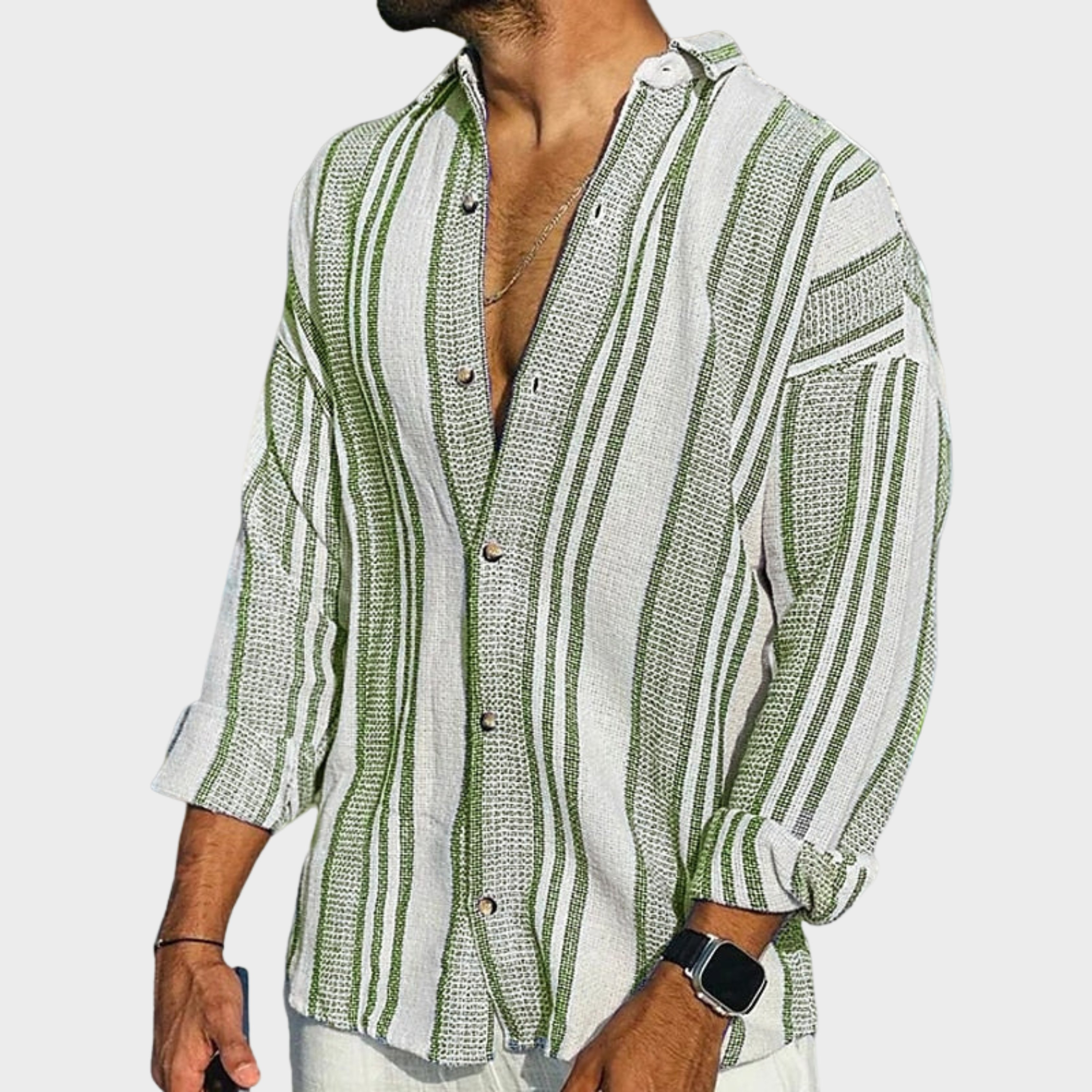 Chemise homme manches longues | Col classique, style estival rayé | Coupe fluide, boutonnage discret, tailles S à 2XL