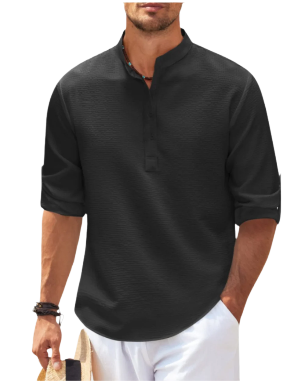 Chemise homme col tunisien | Manches longues retroussables, patte boutonnée | Coupe décontractée respirante