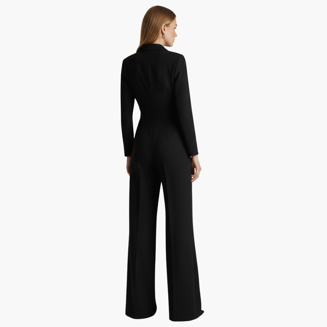 Women's long-sleeve jumpsuit with collar and wide legs