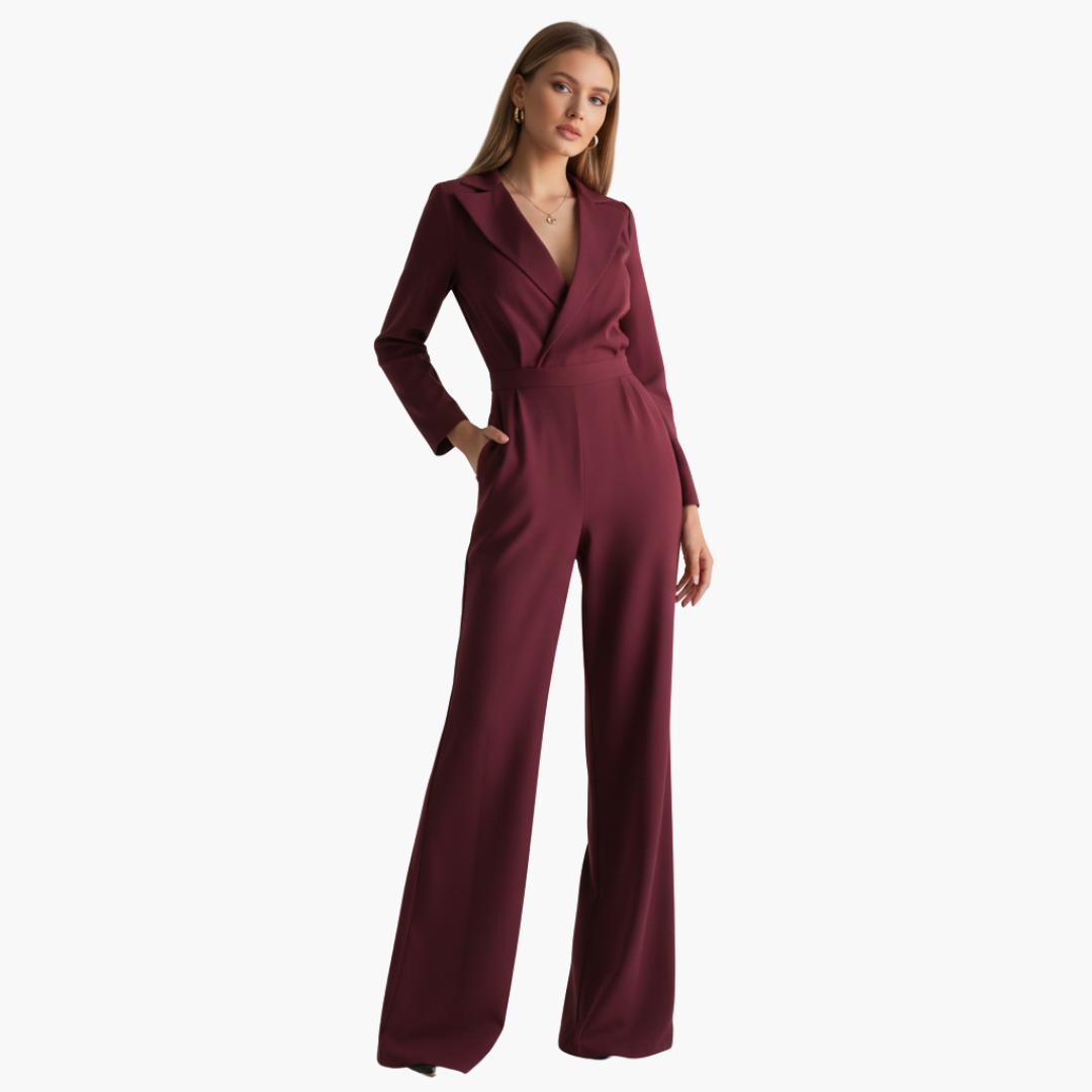Women's long-sleeve jumpsuit with collar and wide legs