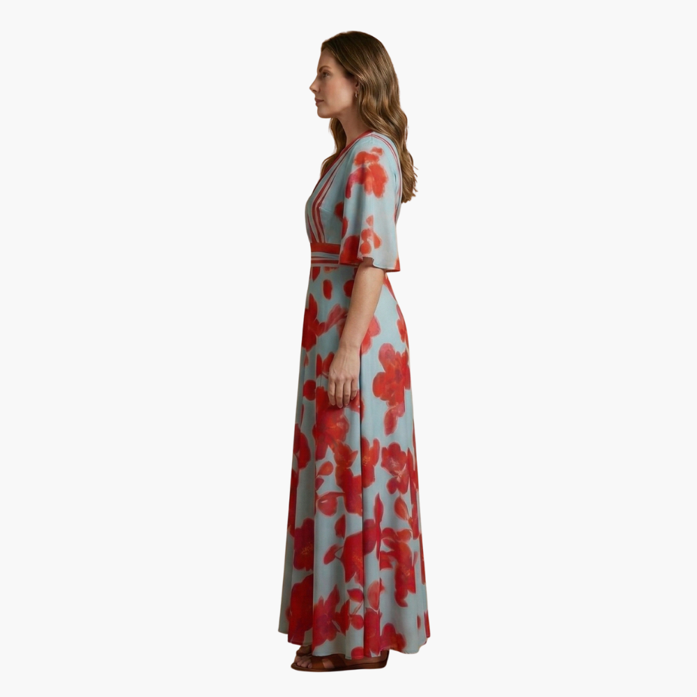 Women's long floral dress with V-neck collar