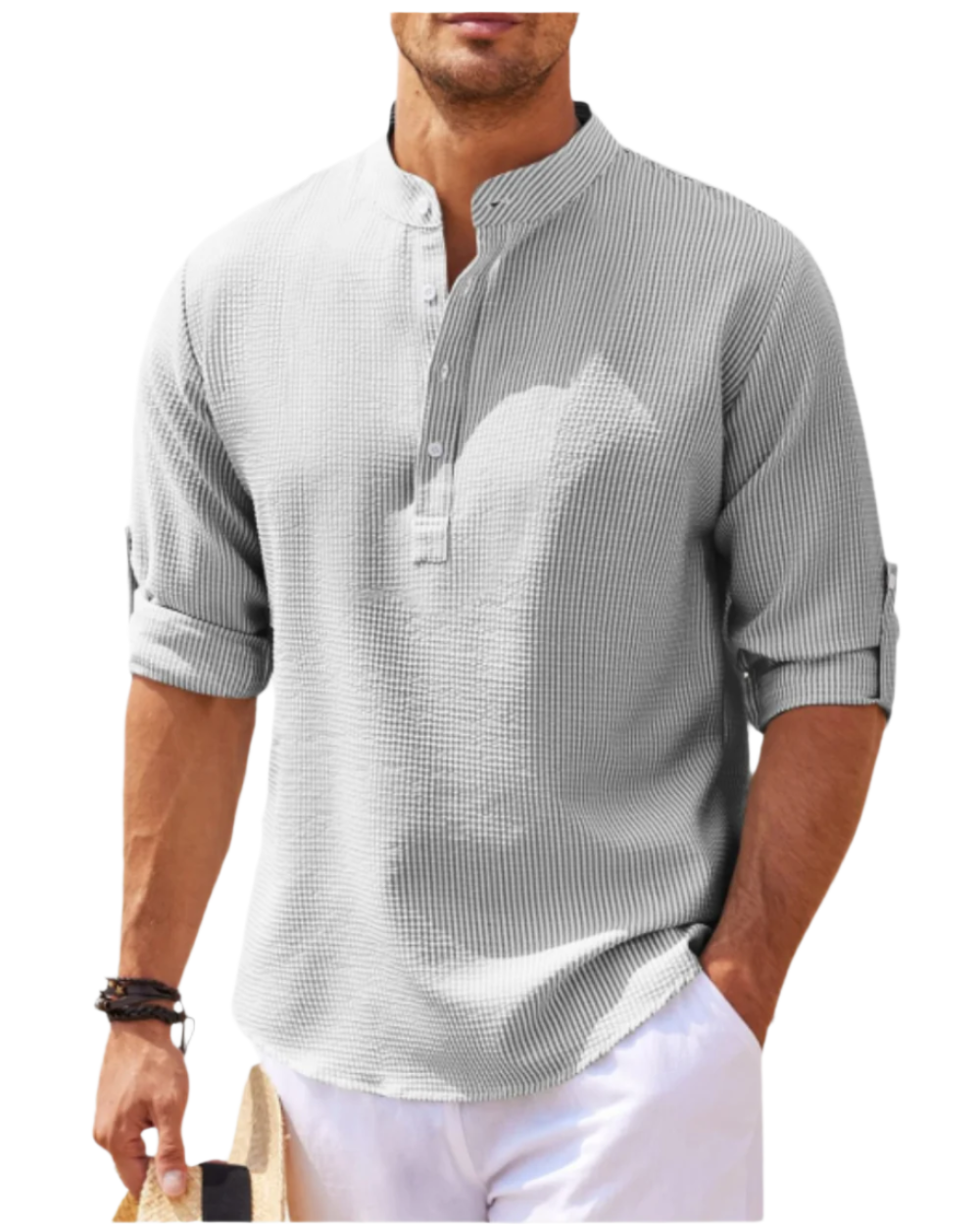 Chemise homme col tunisien | Manches longues retroussables, patte boutonnée | Coupe décontractée respirante