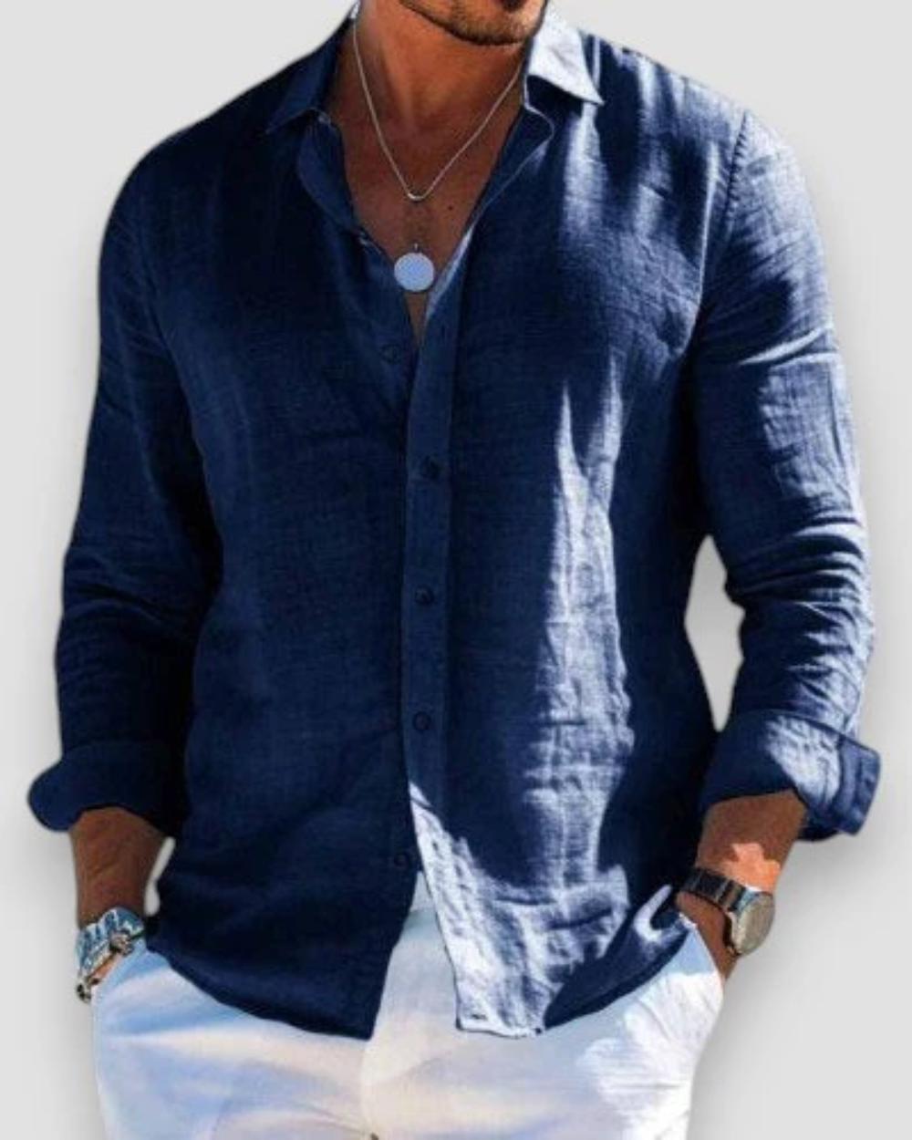 Chemise homme manches longues | Col classique, coupe ajustée | Manches retroussables, boutonnage intégral, coloris unis