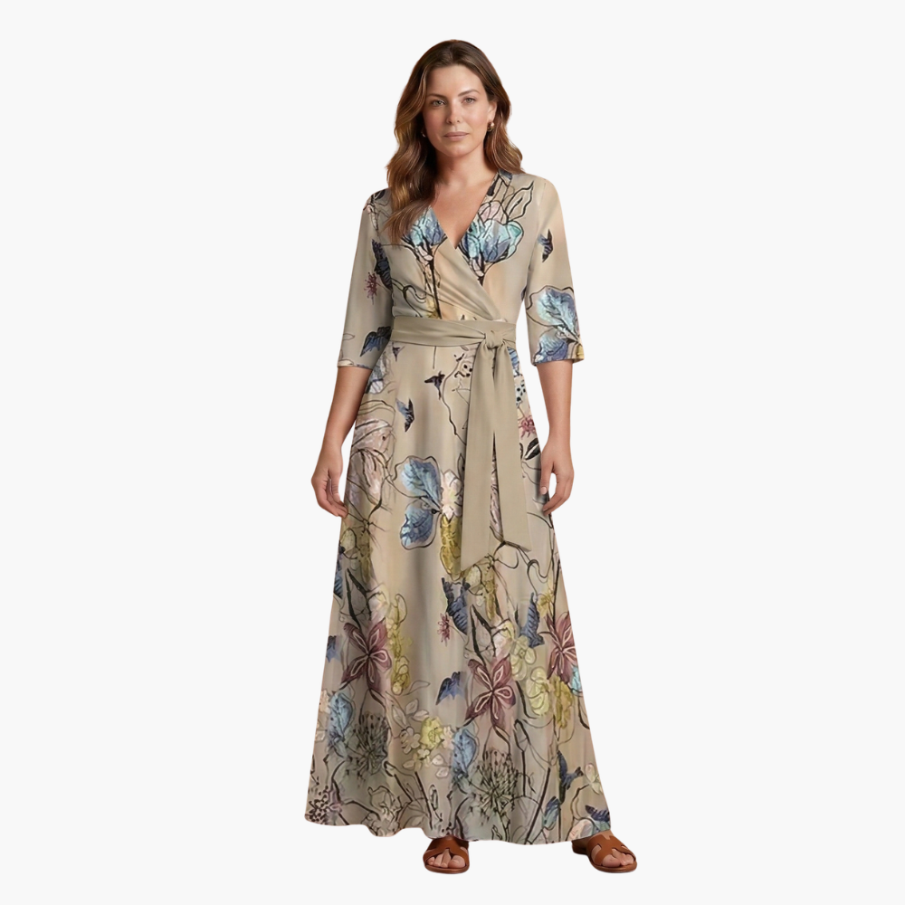 Women's long floral dress with V-neck collar