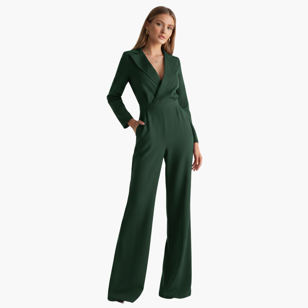 Women's long-sleeve jumpsuit with collar and wide legs