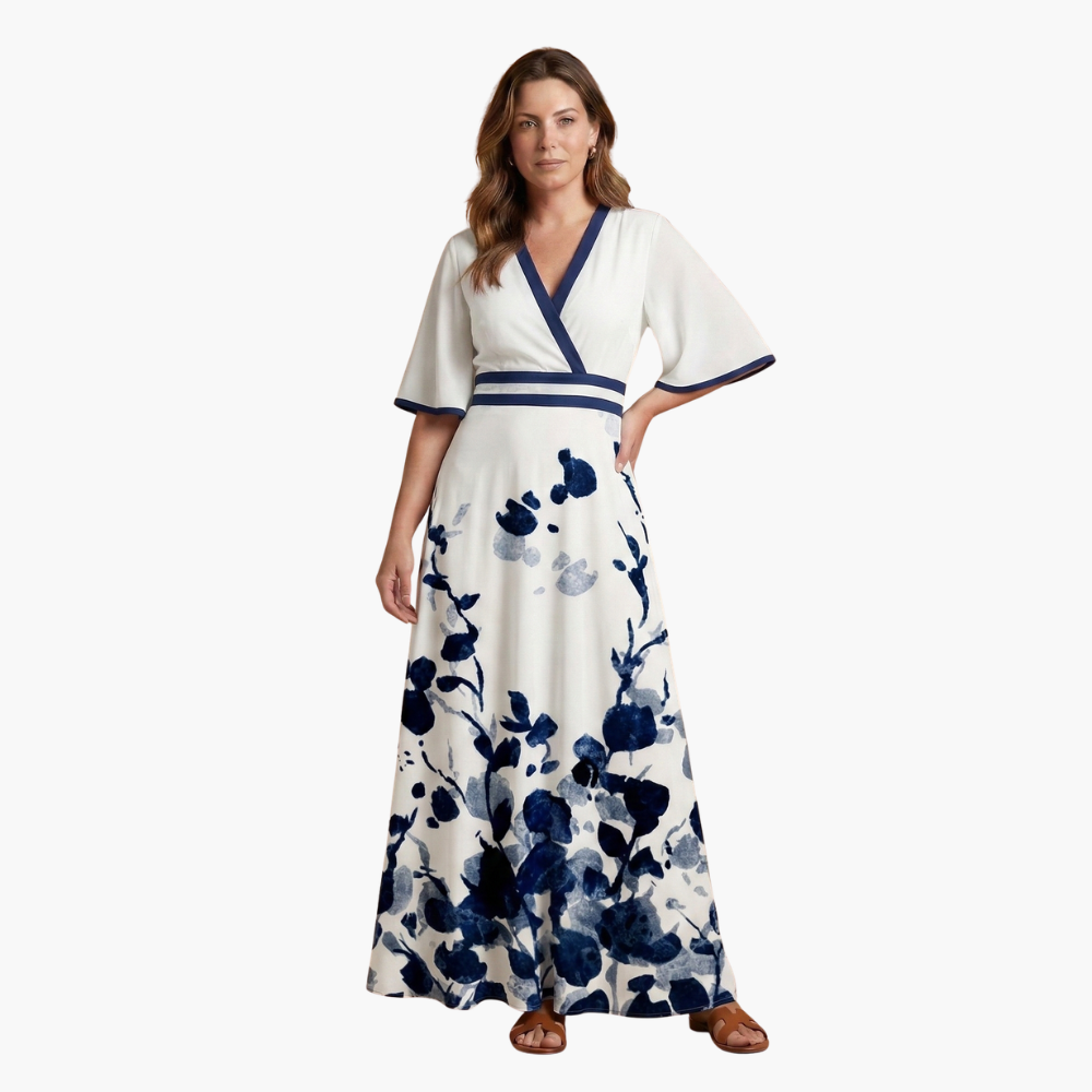 Women's long floral dress with V-neck collar