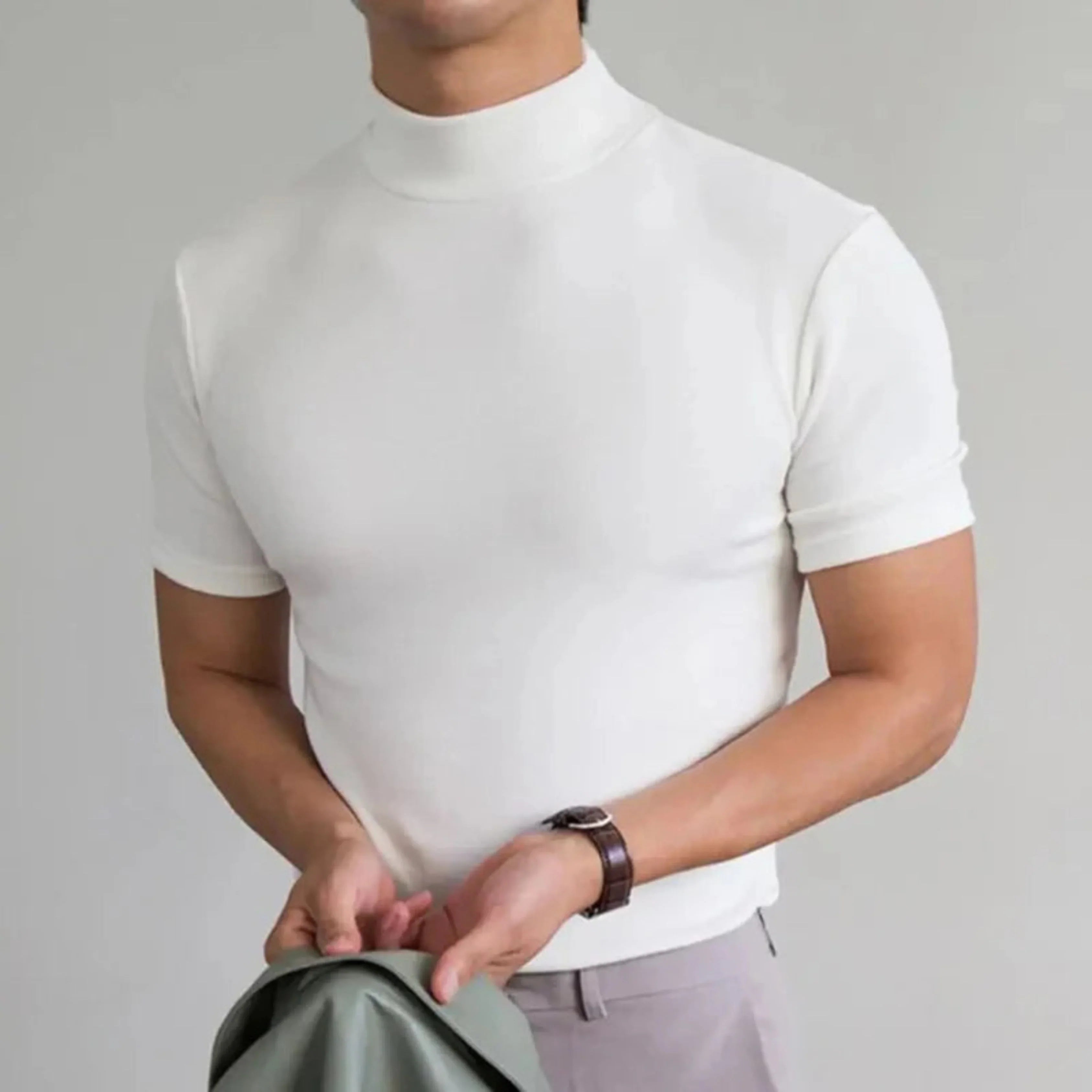 T shirt homme col haut | Coupe ajustée, respirant | Confort durable, coloris unis, tailles S à 4XL