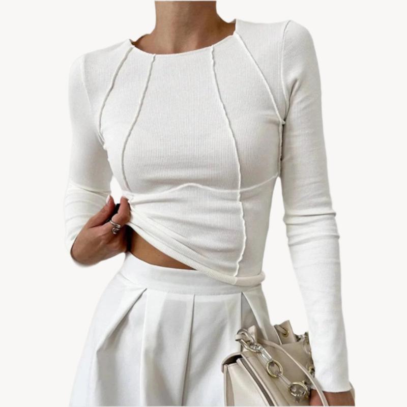 Haut femme manches longues moulant | Col rond élégant | Coupe ajustée, style moderne pour bureau et soirée