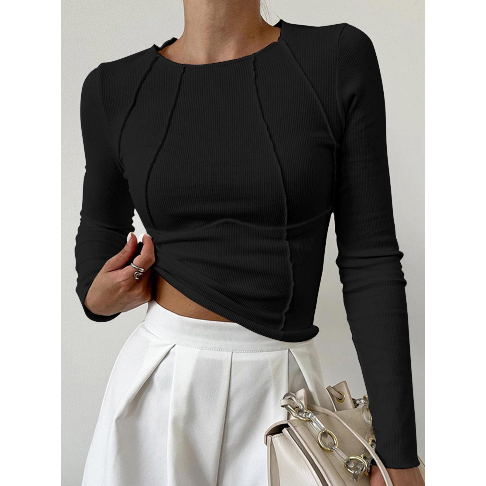 Haut femme manches longues moulant | Col rond élégant | Coupe ajustée, style moderne pour bureau et soirée