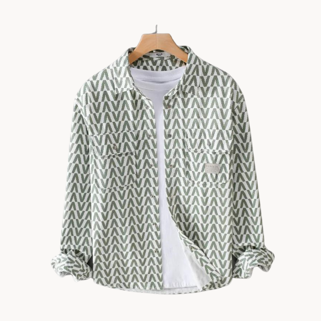 Chemise homme coupe décontractée | Motif graphique style patchwork, col structuré | Boutonnage intégral, look polyvalent