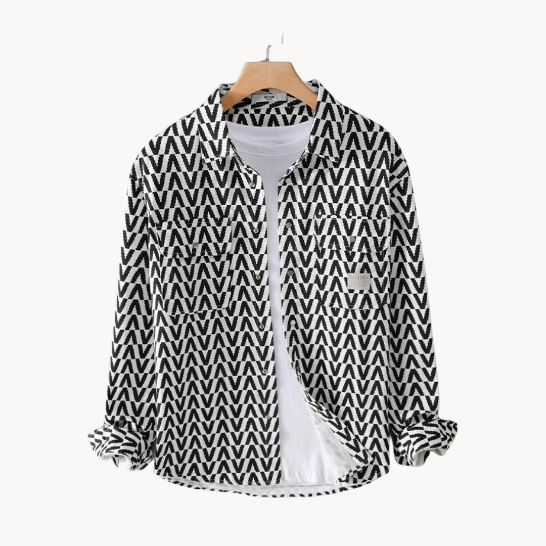Chemise homme coupe décontractée | Motif graphique style patchwork, col structuré | Boutonnage intégral, look polyvalent