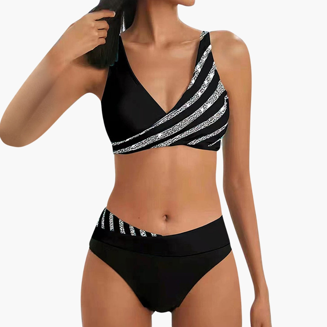 Women's bikini with sparkling stripes and high-waisted bottom
