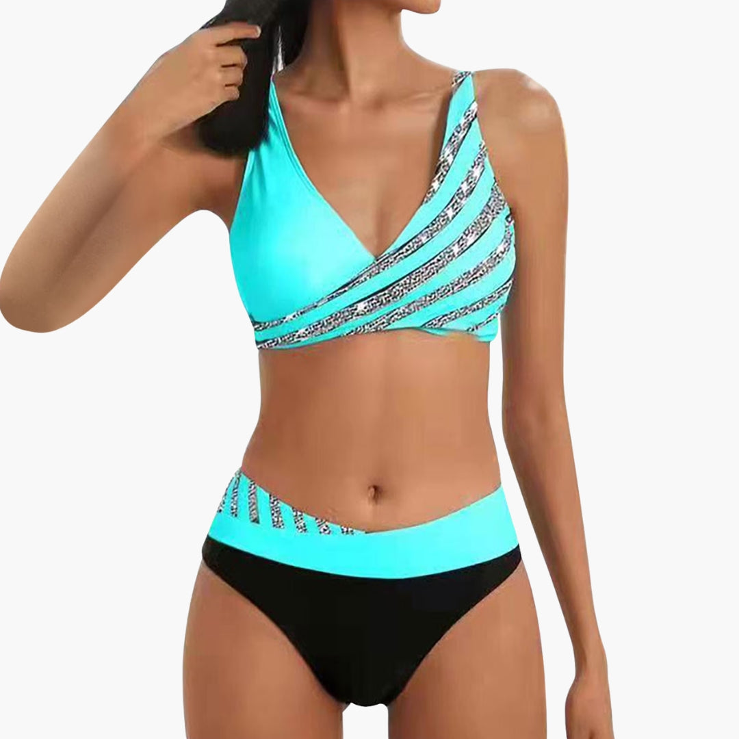 Bikini donna a righe scintillanti con slip a vita alta