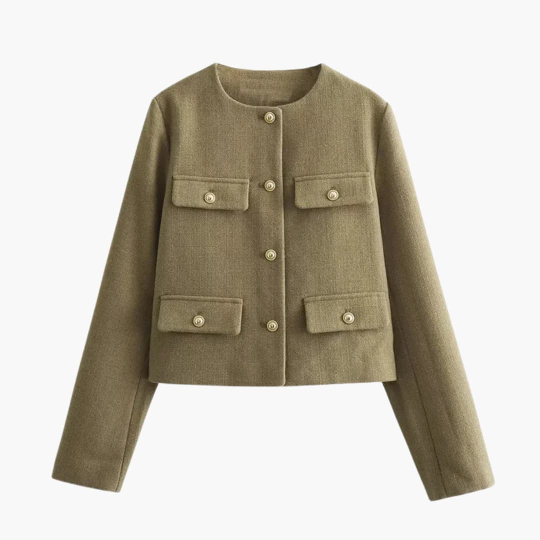 Blazer femme court à col rond avec poches à rabat
