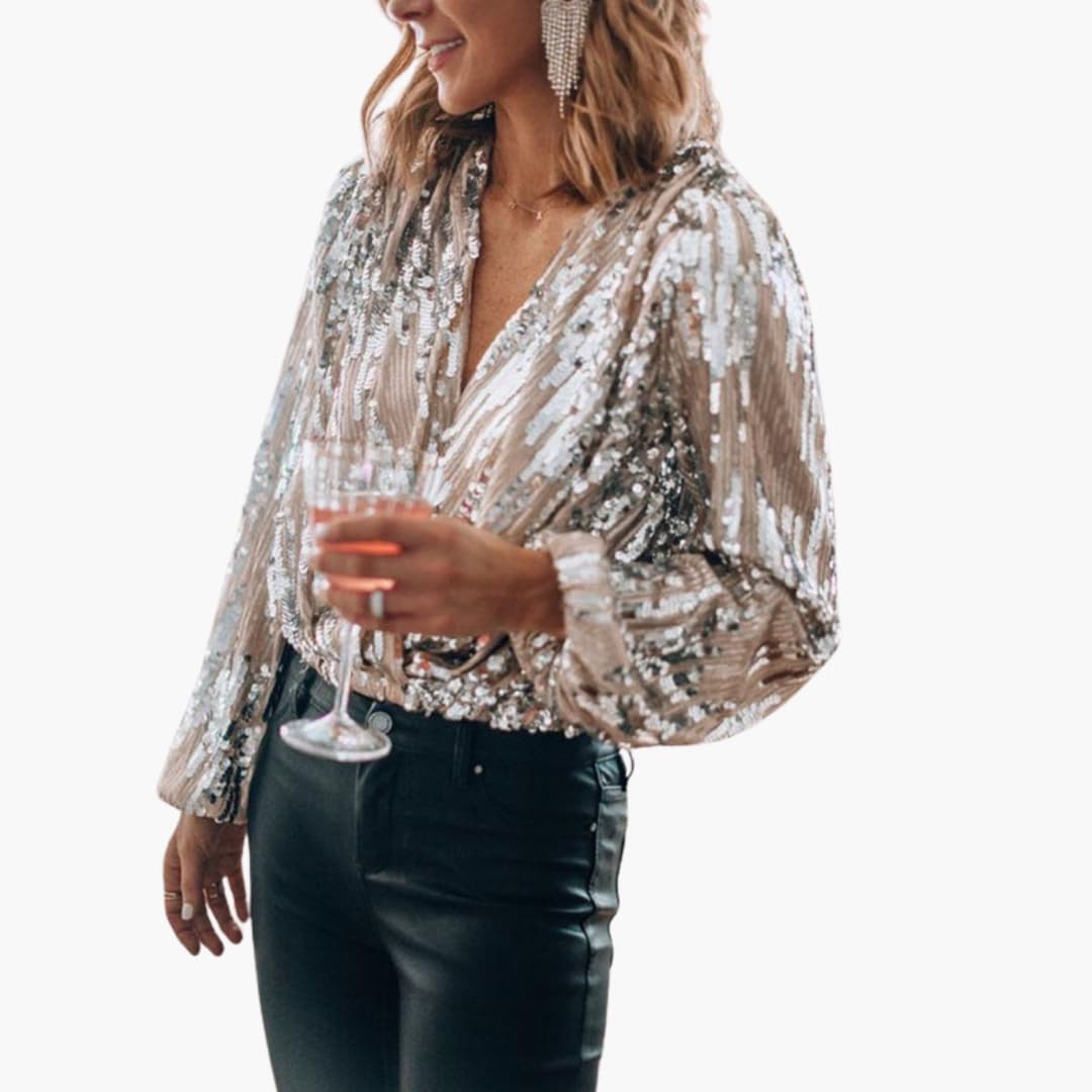 Camicetta donna incrociata con paillettes, scollo a V e maniche lunghe