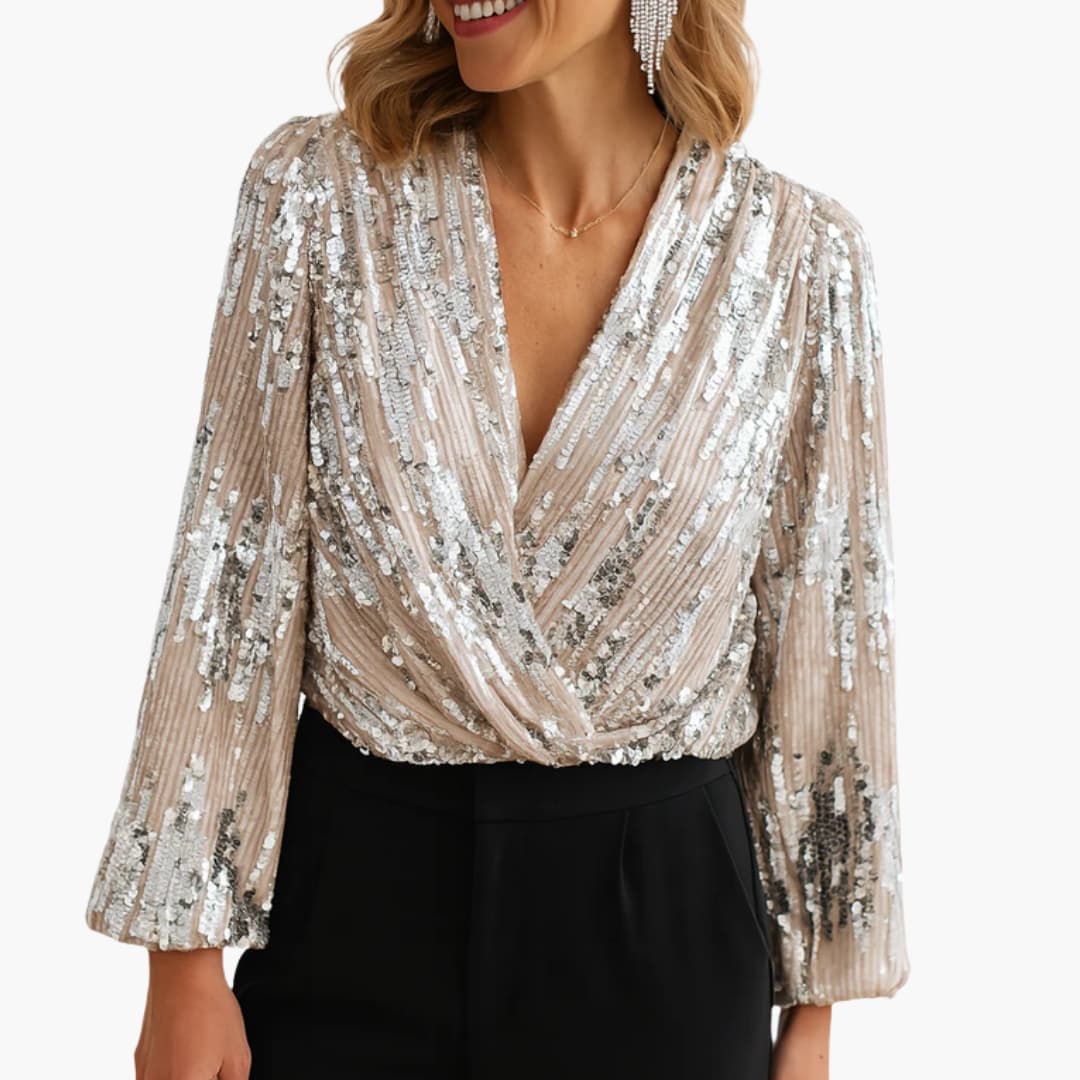 Blouse Femme Cache-Cœur à Sequins avec Col V et Manches Longues