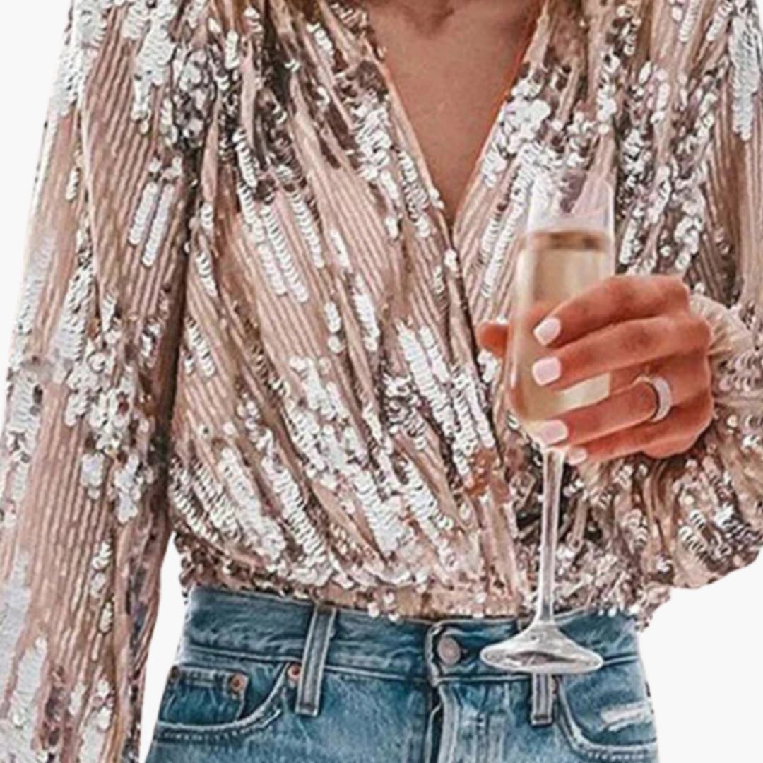 Blouse Femme Cache-Cœur à Sequins avec Col V et Manches Longues