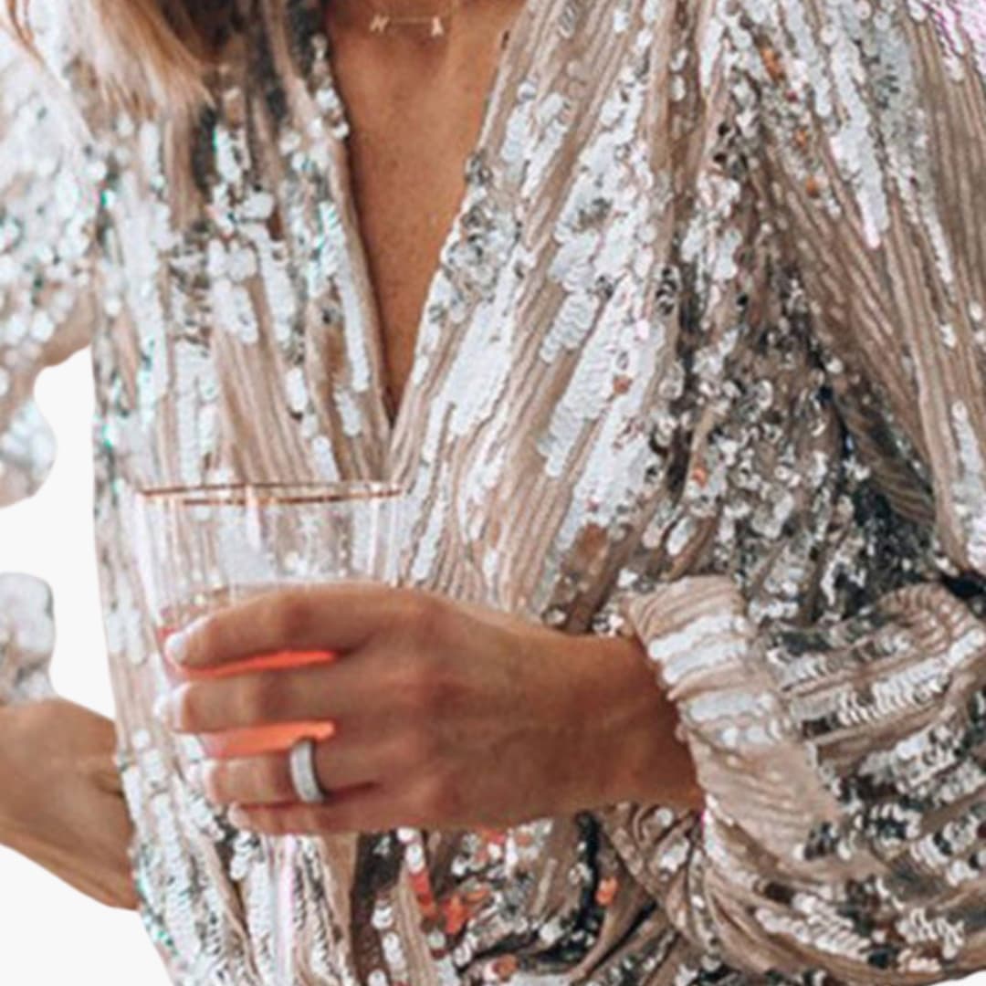 Camicetta donna incrociata con paillettes, scollo a V e maniche lunghe