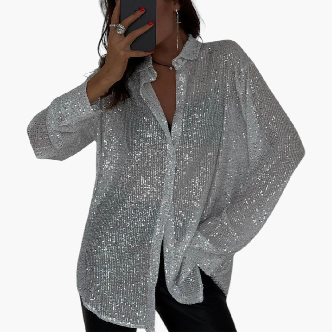 Women's blouse with collar and sequin surface