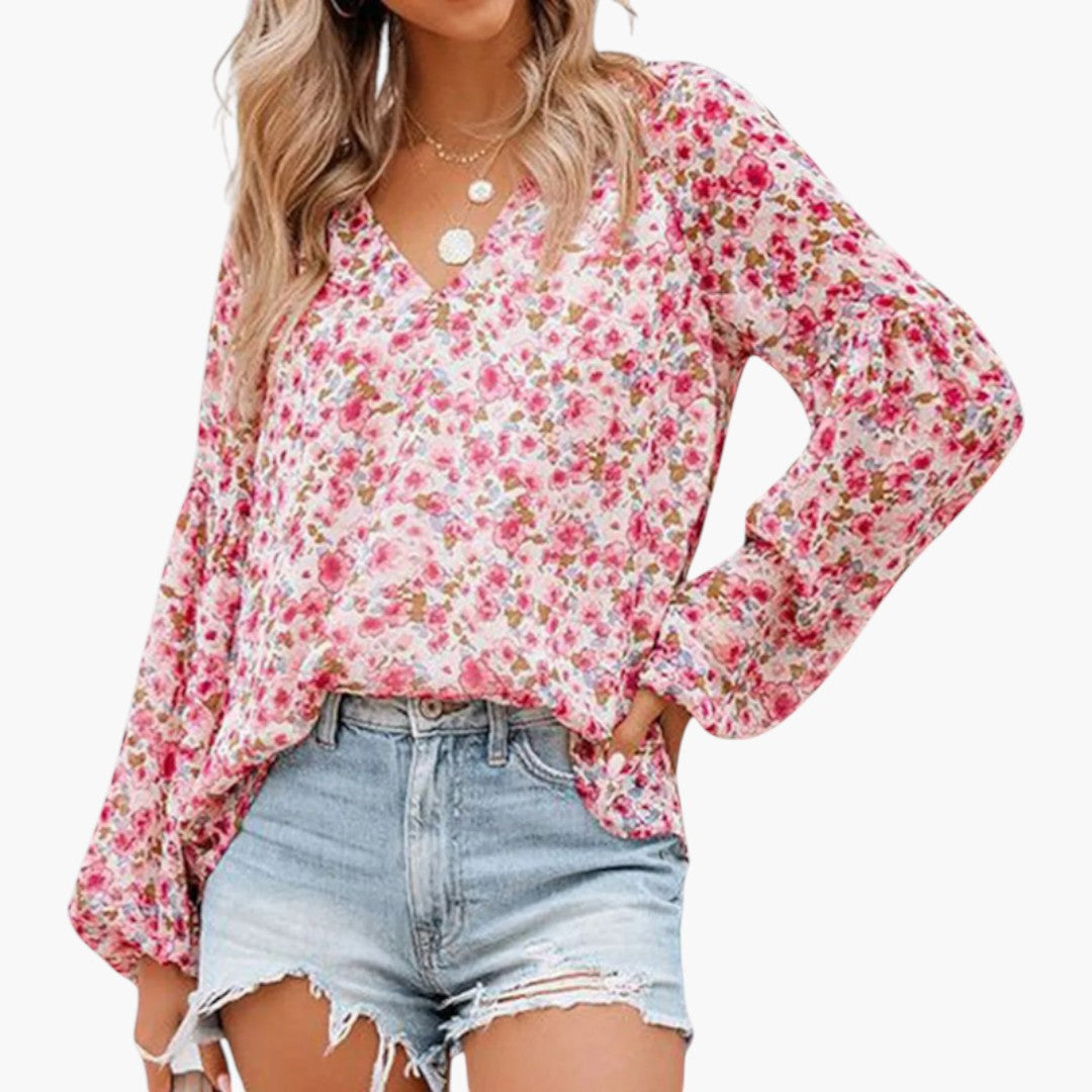 Women's blouse with V-neck and floral print