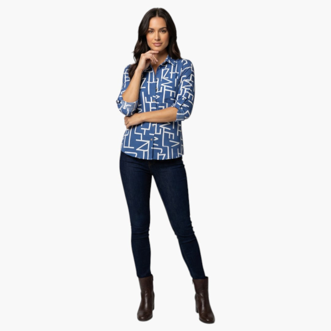 Women's blouse with a turned-down collar and button closure