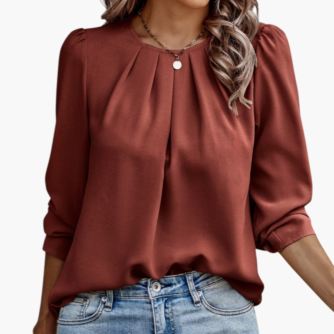 Women's blouse with pleated neckline and puffed sleeves