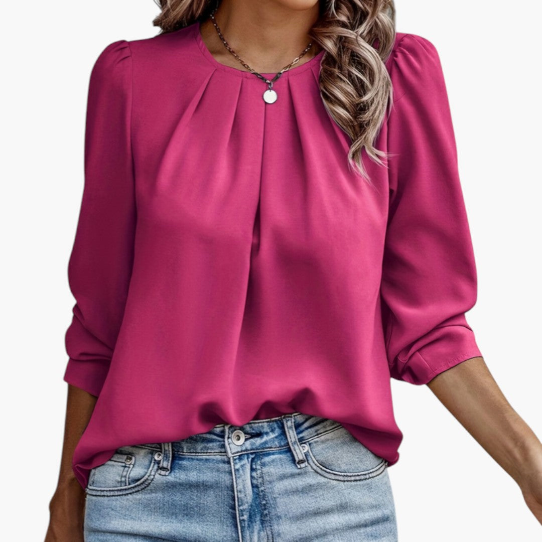 Women's blouse with pleated neckline and puffed sleeves