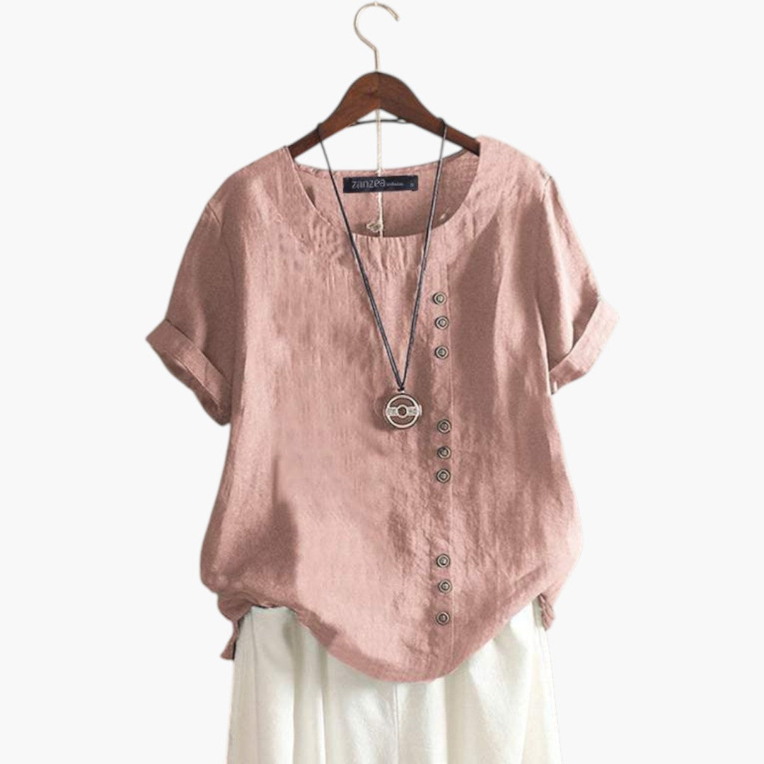Women's blouse with round neckline and button detail