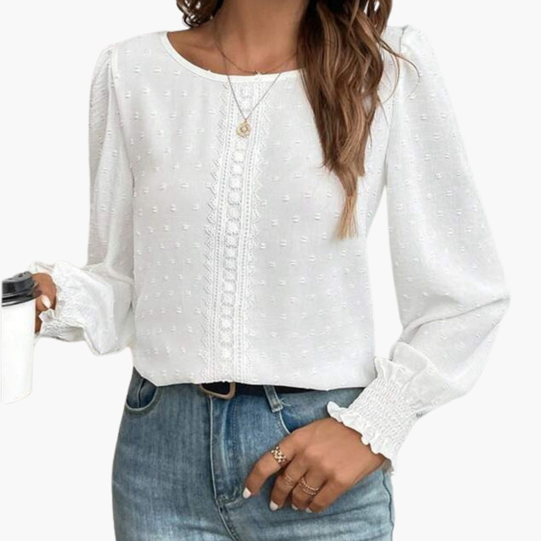 Camicia donna con scollo rotondo e dettaglio ricamato