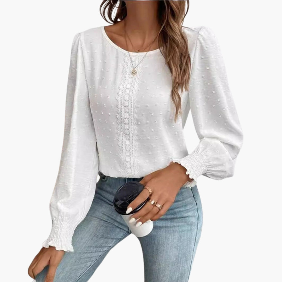 Camicia donna con scollo rotondo e dettaglio ricamato