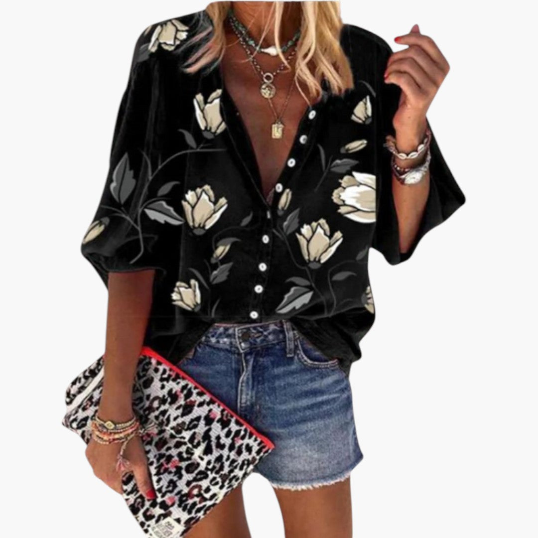 Camicia donna con stampa floreale e patta con bottoni