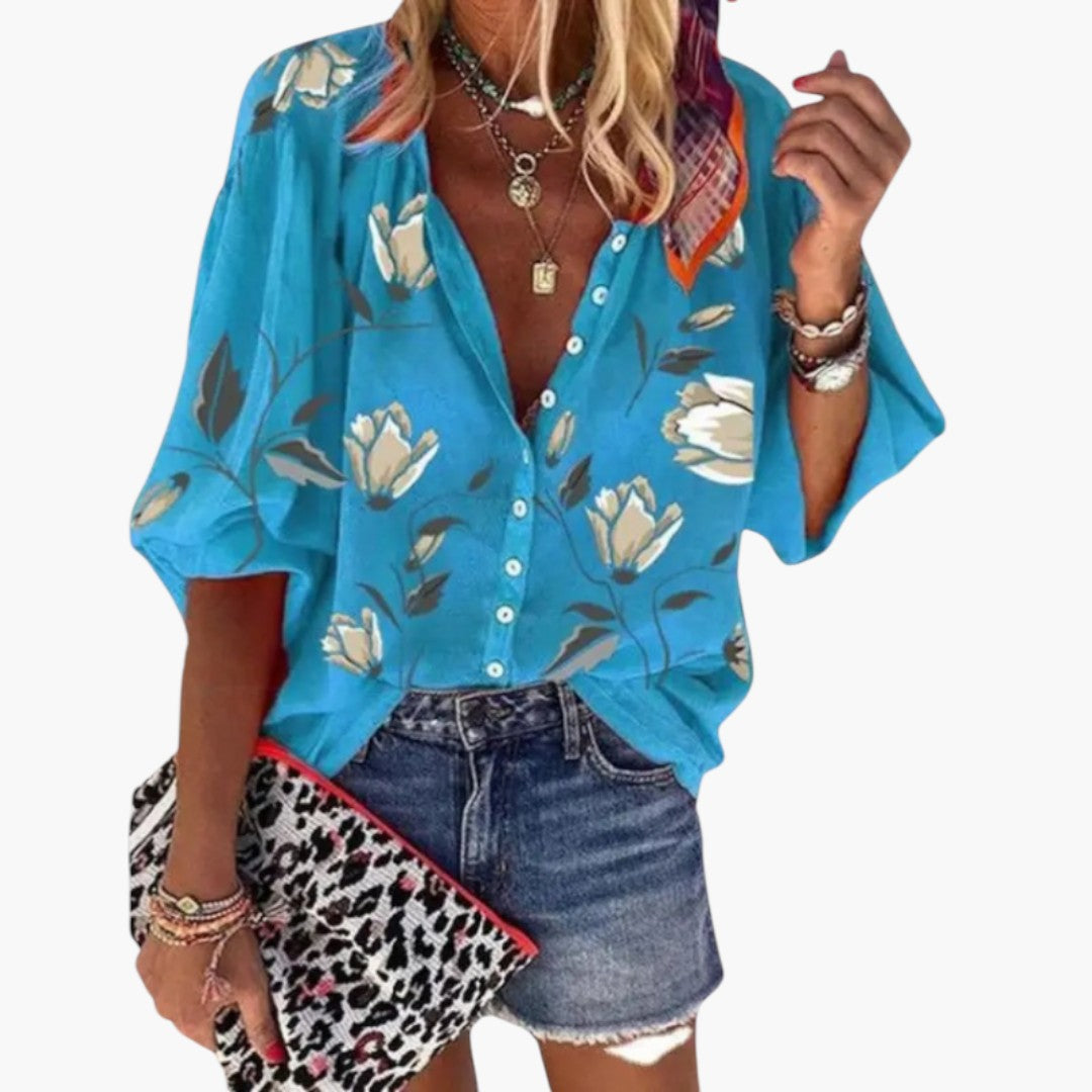 Camicia donna con stampa floreale e patta con bottoni