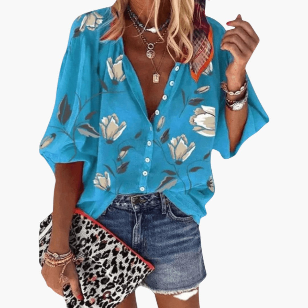 Camicia da donna con patta di bottoni e maniche corte