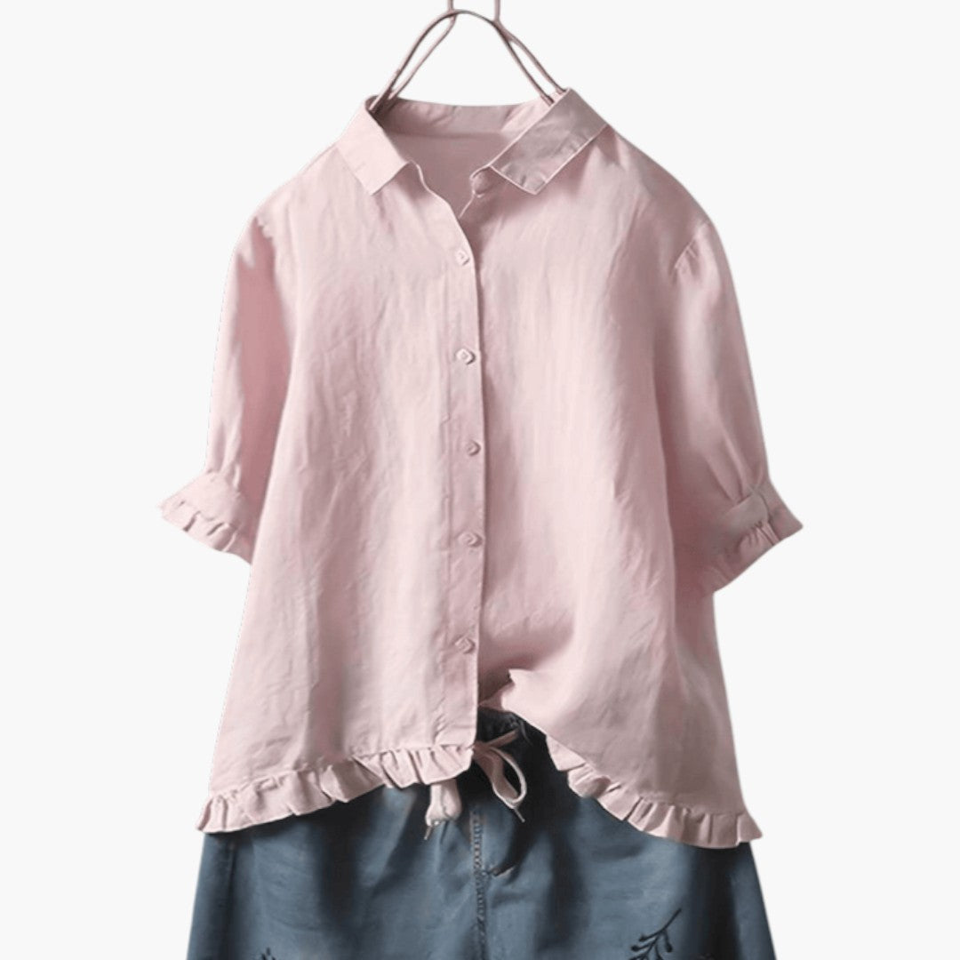 Bluse for dame med krage og volangkant