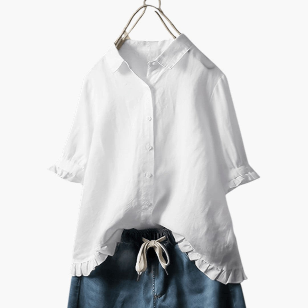 Bluse for dame med krage og volangkant