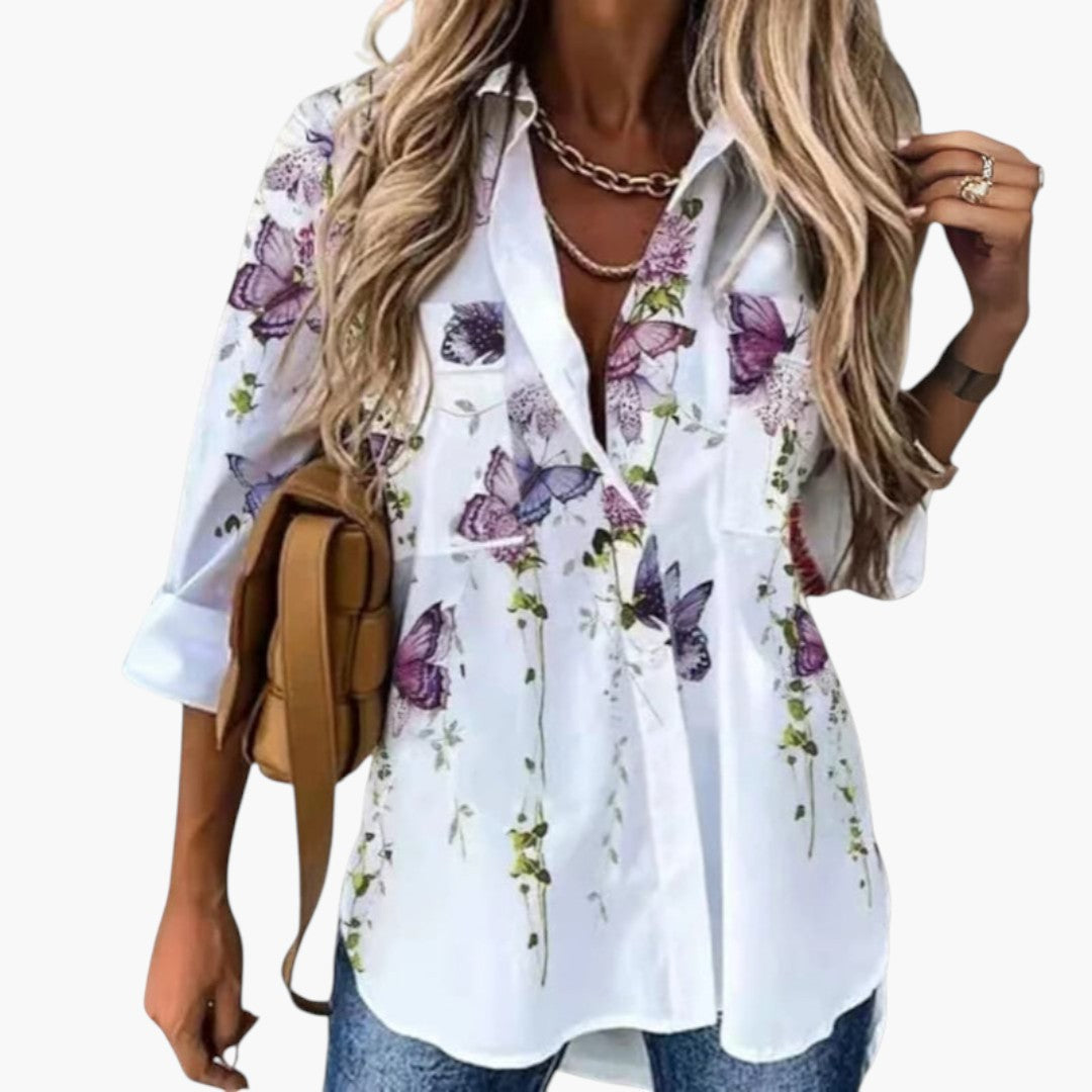 Camicia da donna con collo e stampa floreale
