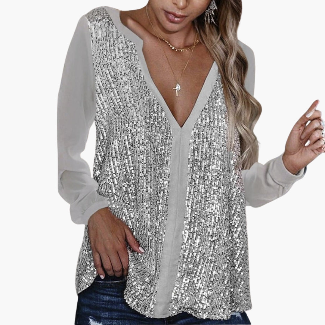 Blouse femme col V avec devant à sequins