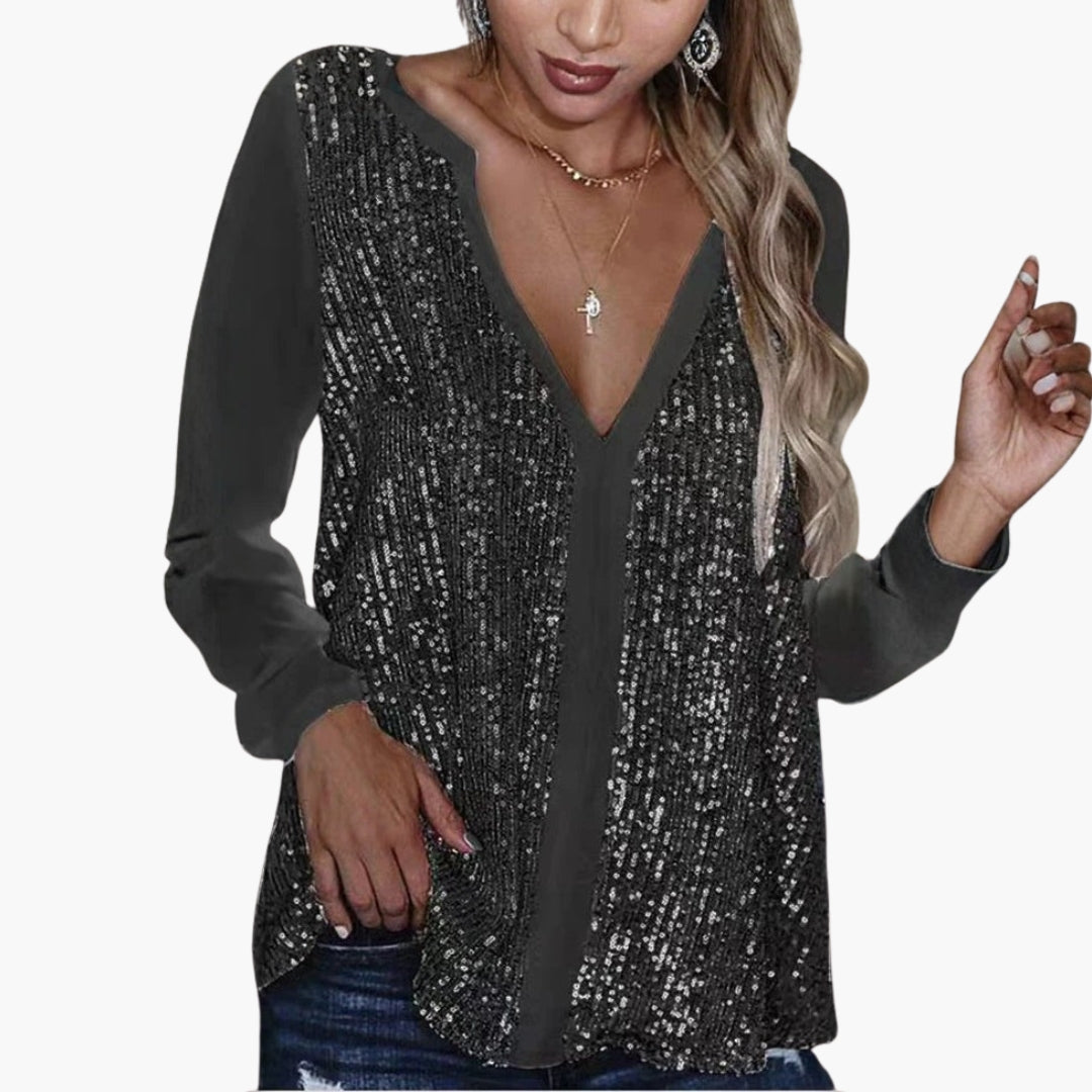 Blouse femme col V avec devant à sequins