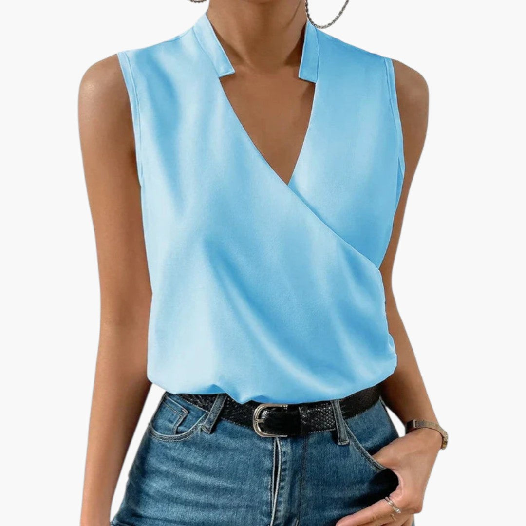 Bluse dame med V-hals uten ermer og omslagslook