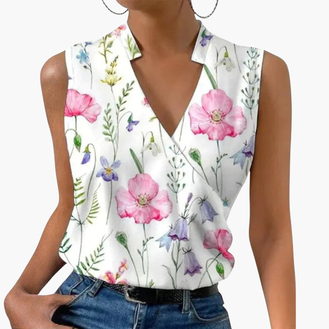 Bluse dame med V-hals uten ermer og omslagslook