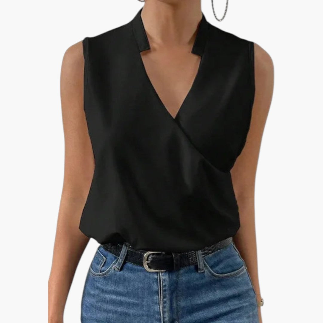 Bluse dame med V-hals uten ermer og omslagslook