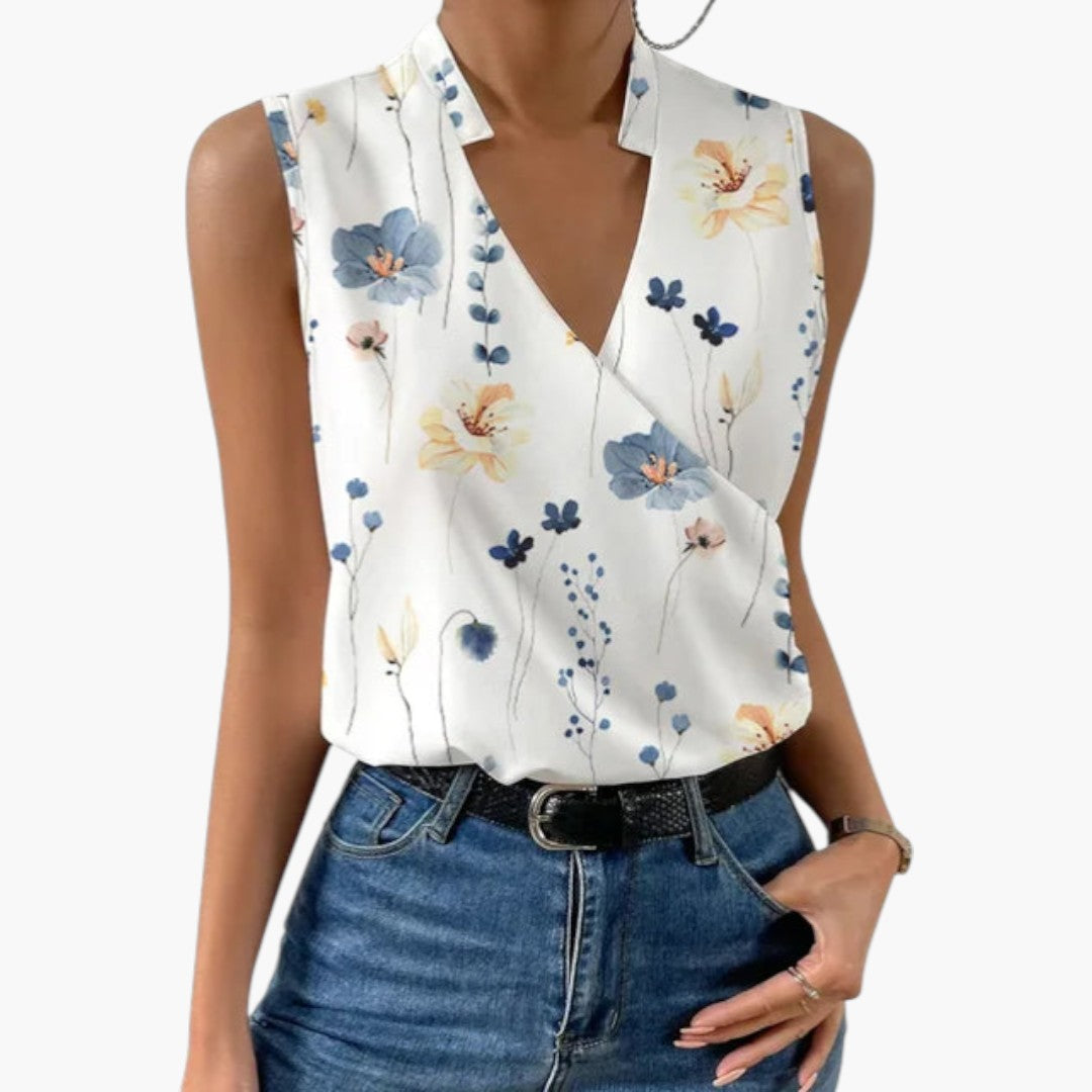 Bluse dame med V-hals uten ermer og omslagslook
